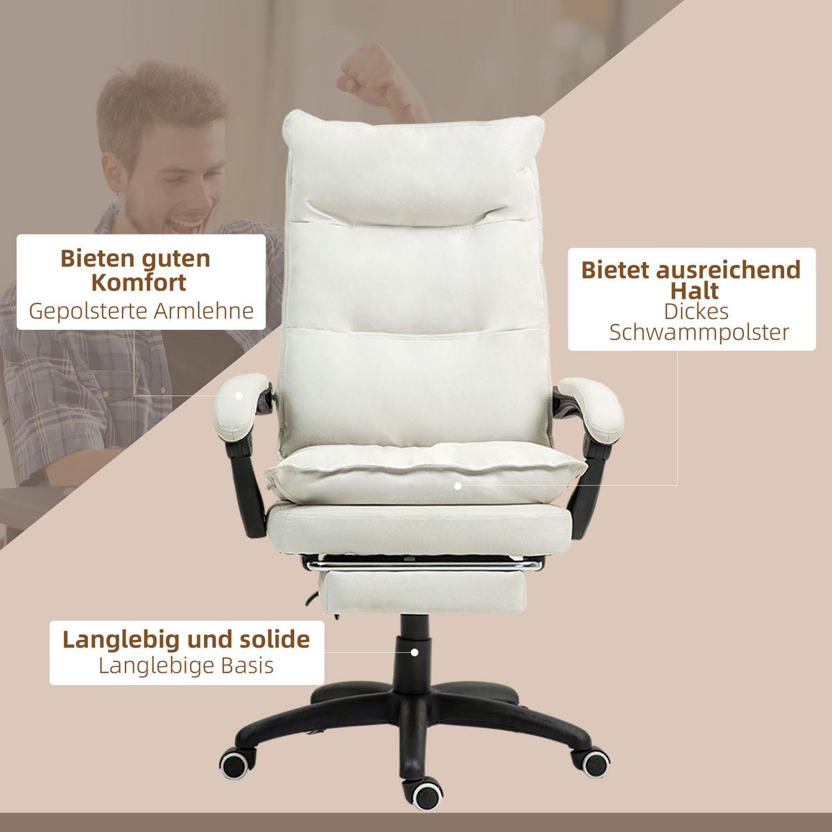 BÜROSTUHL mit 6 Punkt Massage, ergonomischer Gaming Sessel mit Liegefunktion - Creme, Kunststoff (62/130/70cm) - Vinsetto