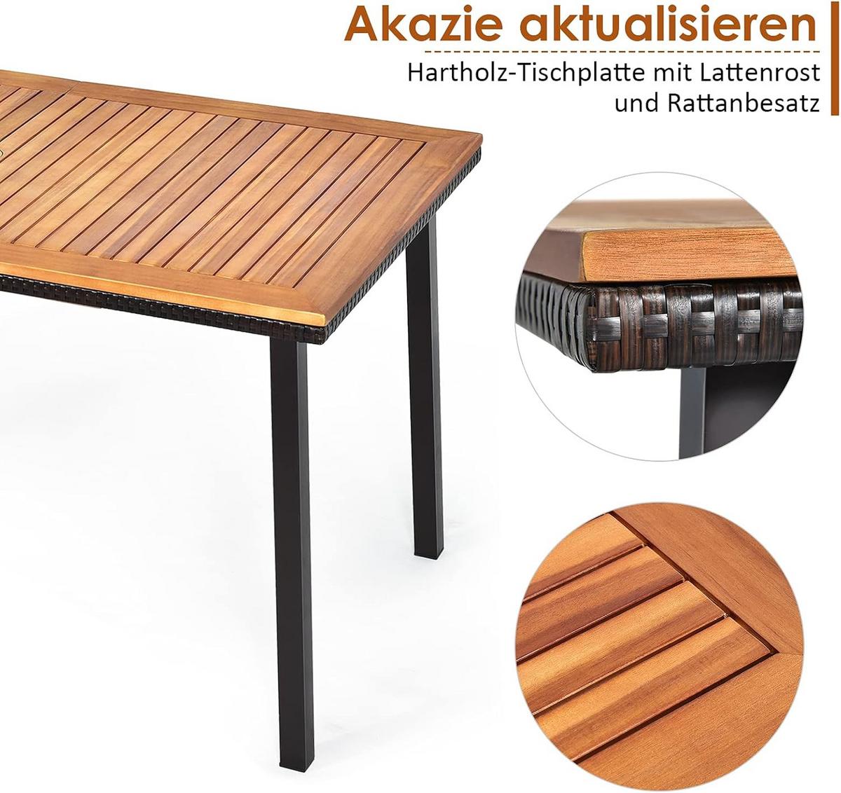 GARTENTISCH Esstisch mit Schirmloch Braun - Braun, Metall (75/140/76cm) - COSTWAY
