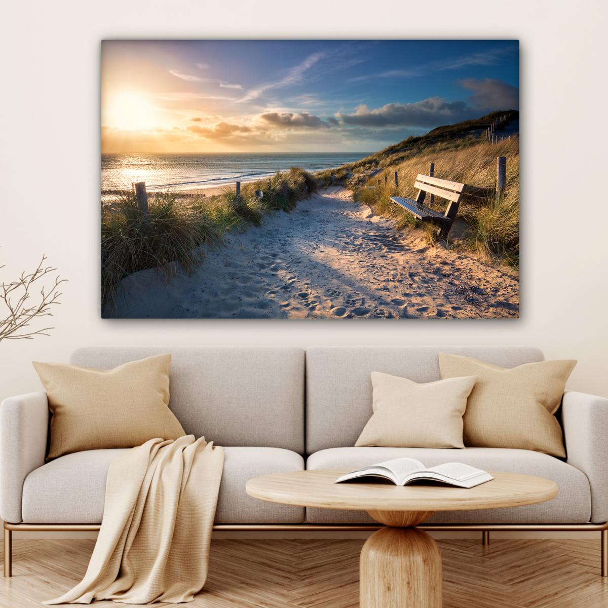 LEINWANDBILD Sonnenuntergang - Strand - Düne - Gras - Ufer Groß 140x90 cm - Sandfarben, Textil (140/90cm) - MuchoWow