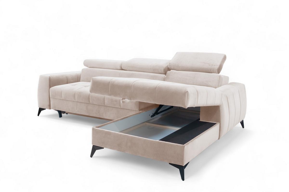 ECKSOFA L Form Arkucio Mini Beige 260/200/95 cm Rechts mit Schlaffunktion - Beige/Schwarz, Textil/Metall (260/200cm) - AX Living
