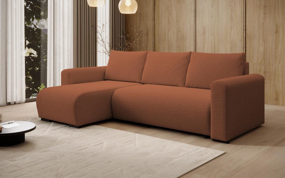 ECKSOFA DORA L, Eckcouch in L-Form mit Schlaffunktion und Bettkasten, Farbe: Orange, Bouclé-Stoff, Ottomane Links - Orange, Textil (240/143cm) - Storez24