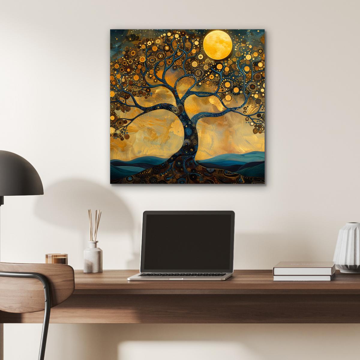 METALLBILD Baum - Mond - Blumen - Gold - Kunst 50x50 cm - Orange, Metall (50/50cm) - MuchoWow