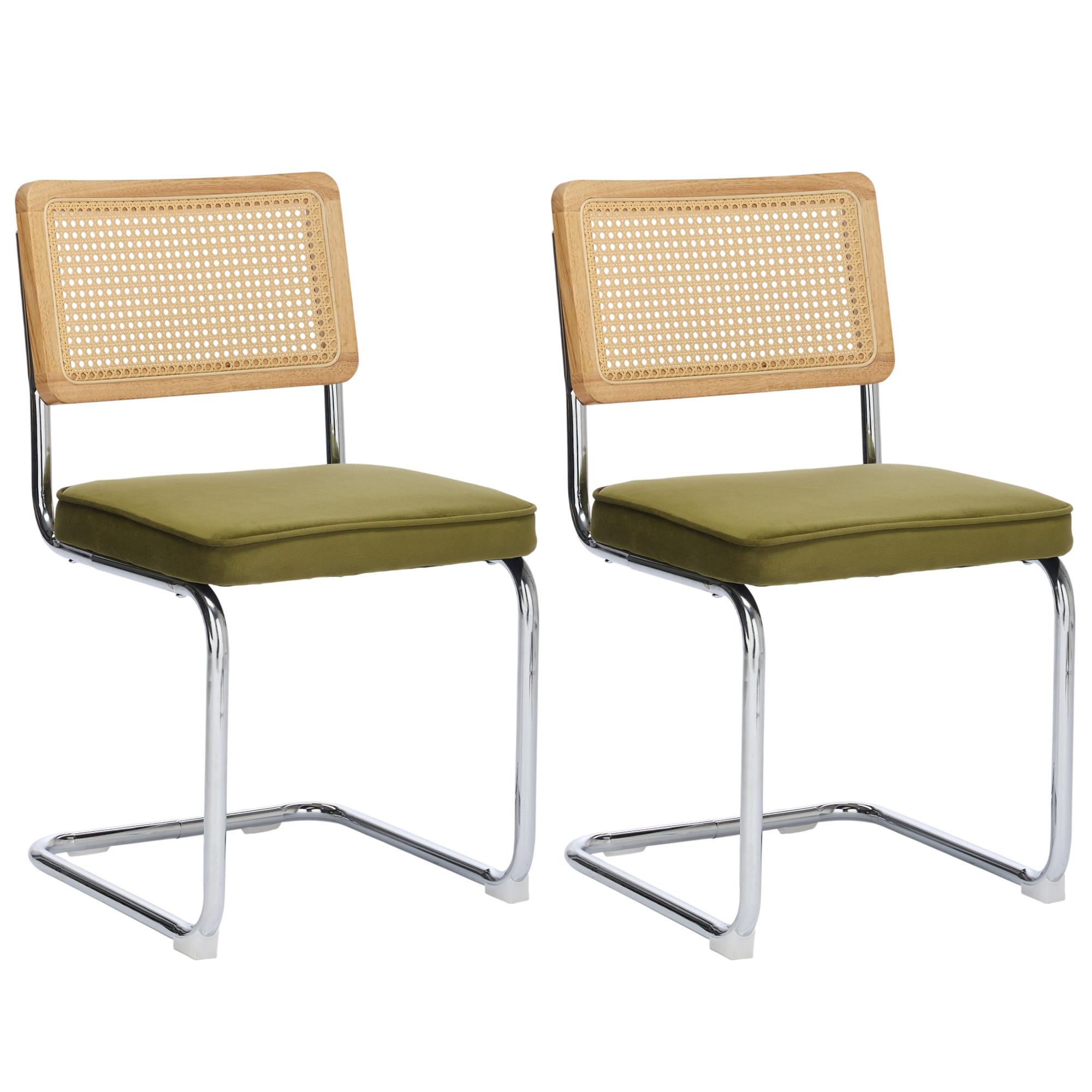 ESSZIMMERSTUHL Set 2er Olivgrün Samt & Rattan Freischwinger mit Chromgestell - Olivgrün, Textil (59/81/47cm) - Urban Meuble