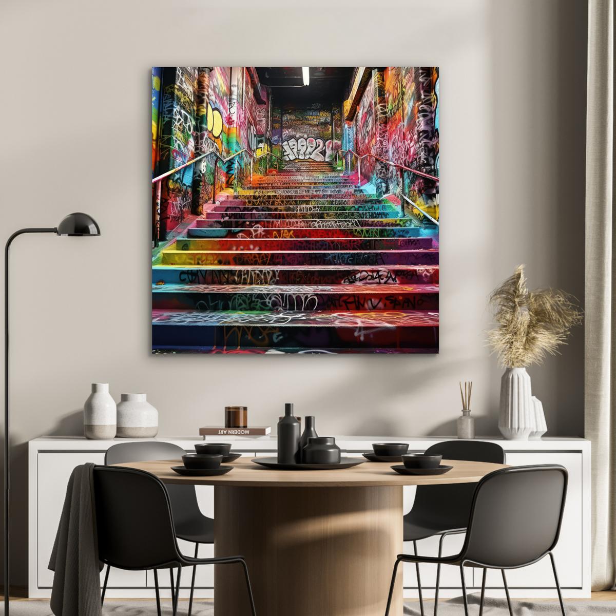 METALLBILD Treppe - Graffiti - Farben - Kunst 90x90 cm - Multicolor, Metall (90/90cm) - MuchoWow