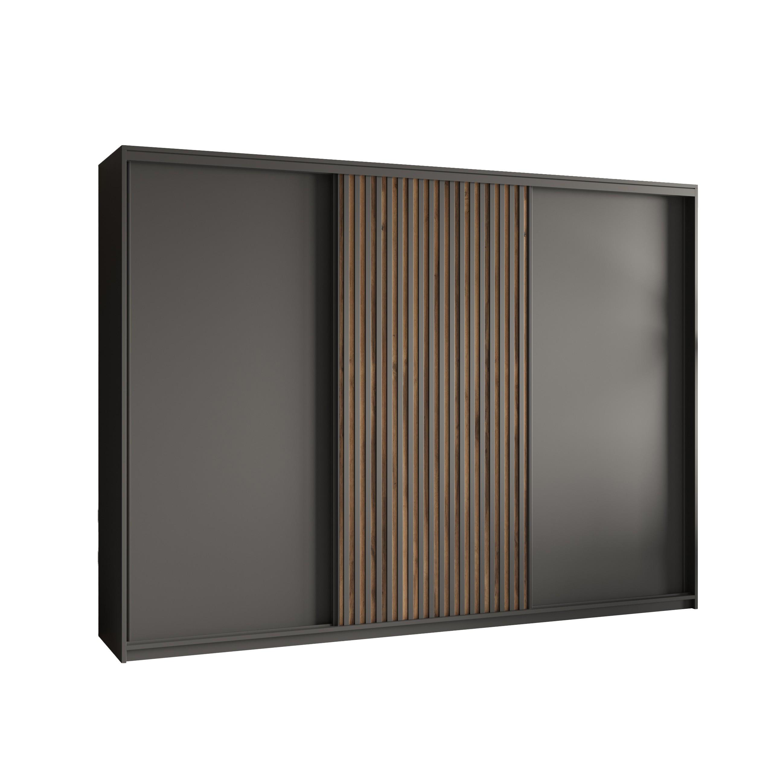 SCHWEBETÜRENSCHRANK VONTE 270/205/60 cm 3-türig mit Lamellen Schwarz - Eiche Wotan/Schwarz, Holzwerkstoff (270/205/60cm) - MASSENO
