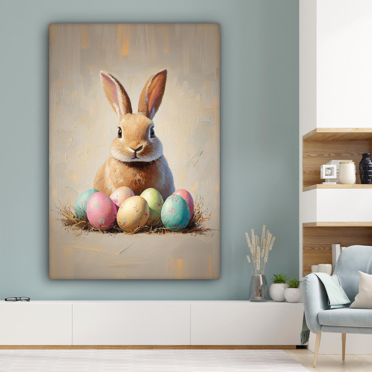 LEINWANDBILD Osterhase - Pastell - Eier Deko Groß 90x140 cm - Beige, Textil (90/140cm) - MuchoWow