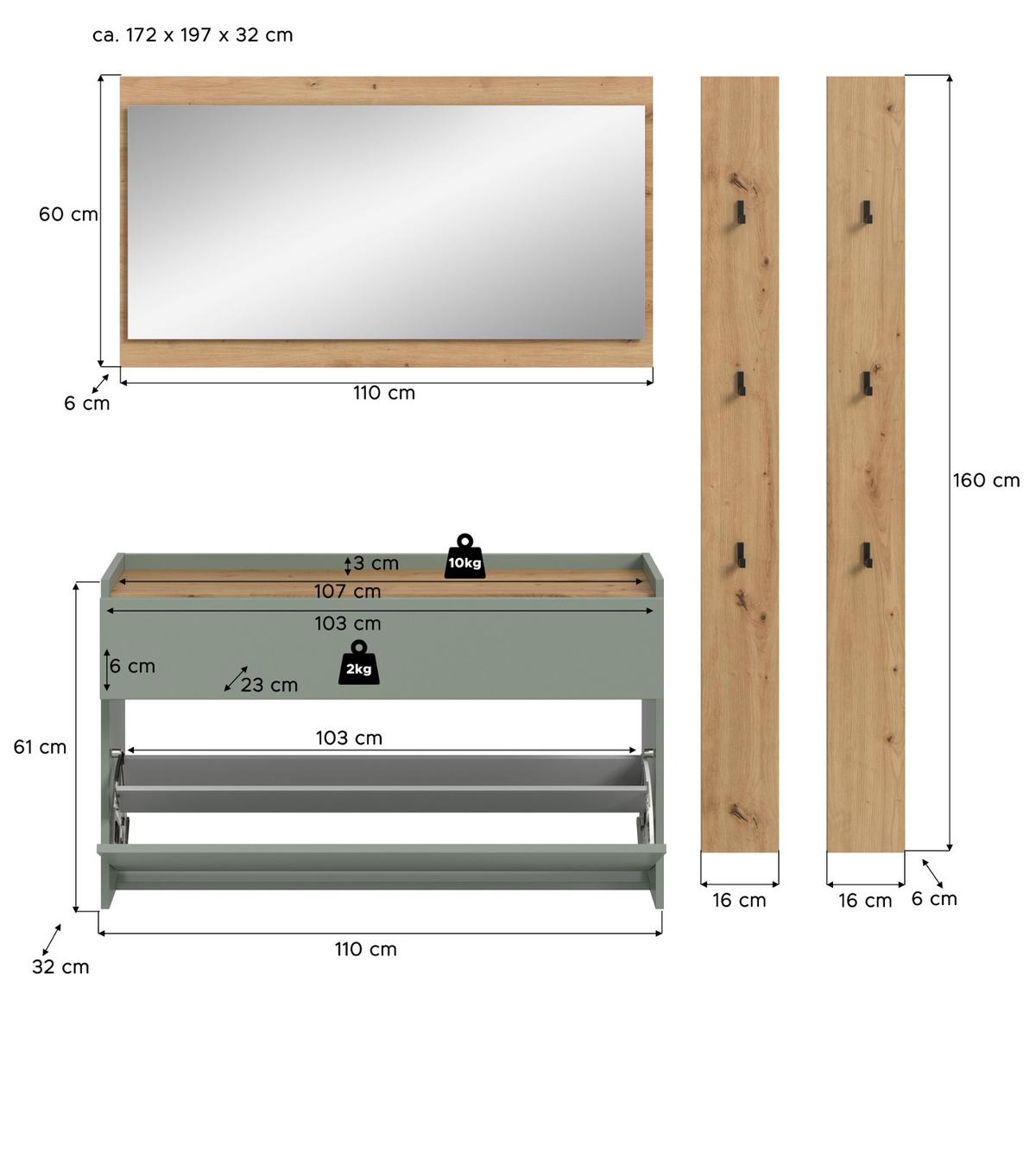 GARDEROBEN-SET Salbei grün, Eiche Artisan 4-teilig 172 cm, Garderobenmöbel hängend - Salbeigrün/Eiche Artisan, Glas/Holzwerkstoff (172/197/32cm) - Inn.Furn