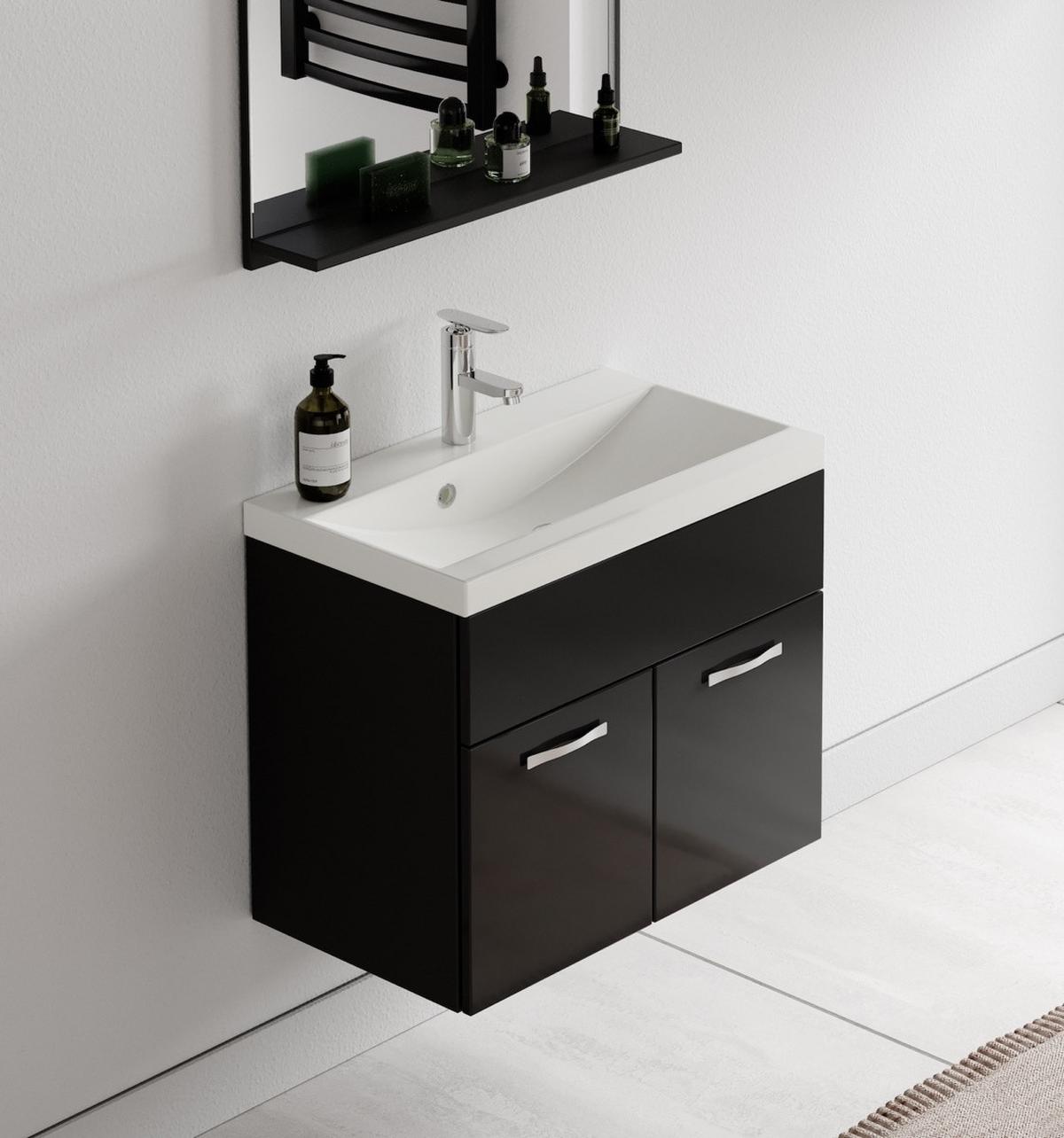 BADMÖBEL-SET Montreal 02 3 Teile Beton Schwarz Hochglanz - 60 x 35 x 51 cm - Chromfarben/Schwarz Hochglanz, Holz/Metall (60/51/35cm) - Badplaats