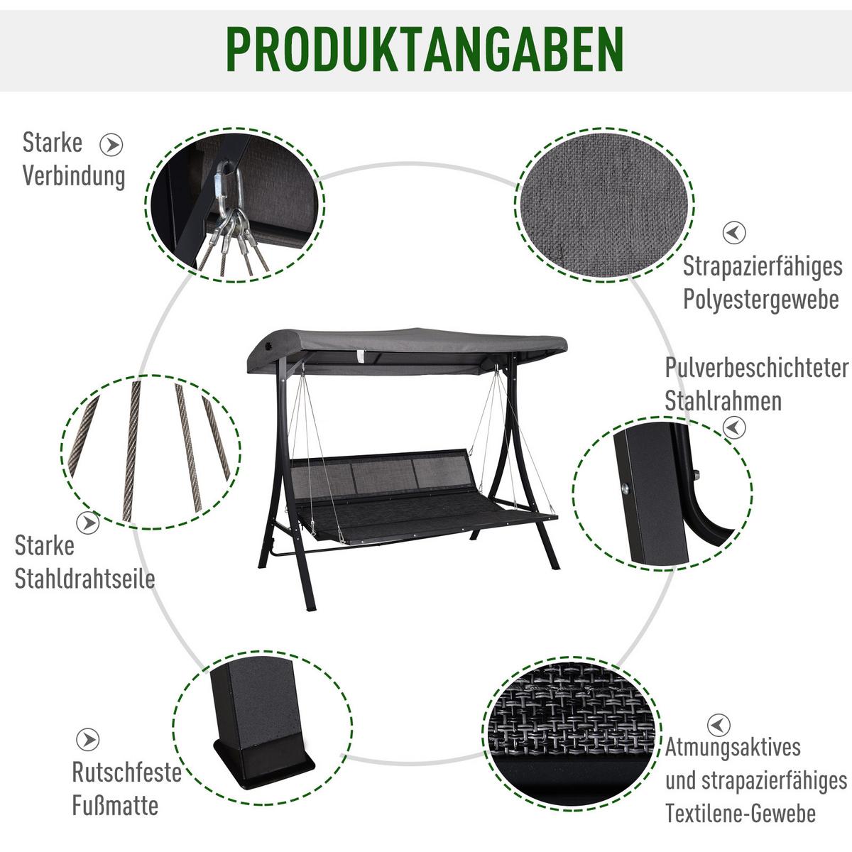 HOLLYWOODSCHAUKEL, mit Sonnendach,Metall, Texteline, Grau, 200 x 115 x 168 cm - Grau, Metall (115/168/200cm) - Outsunny