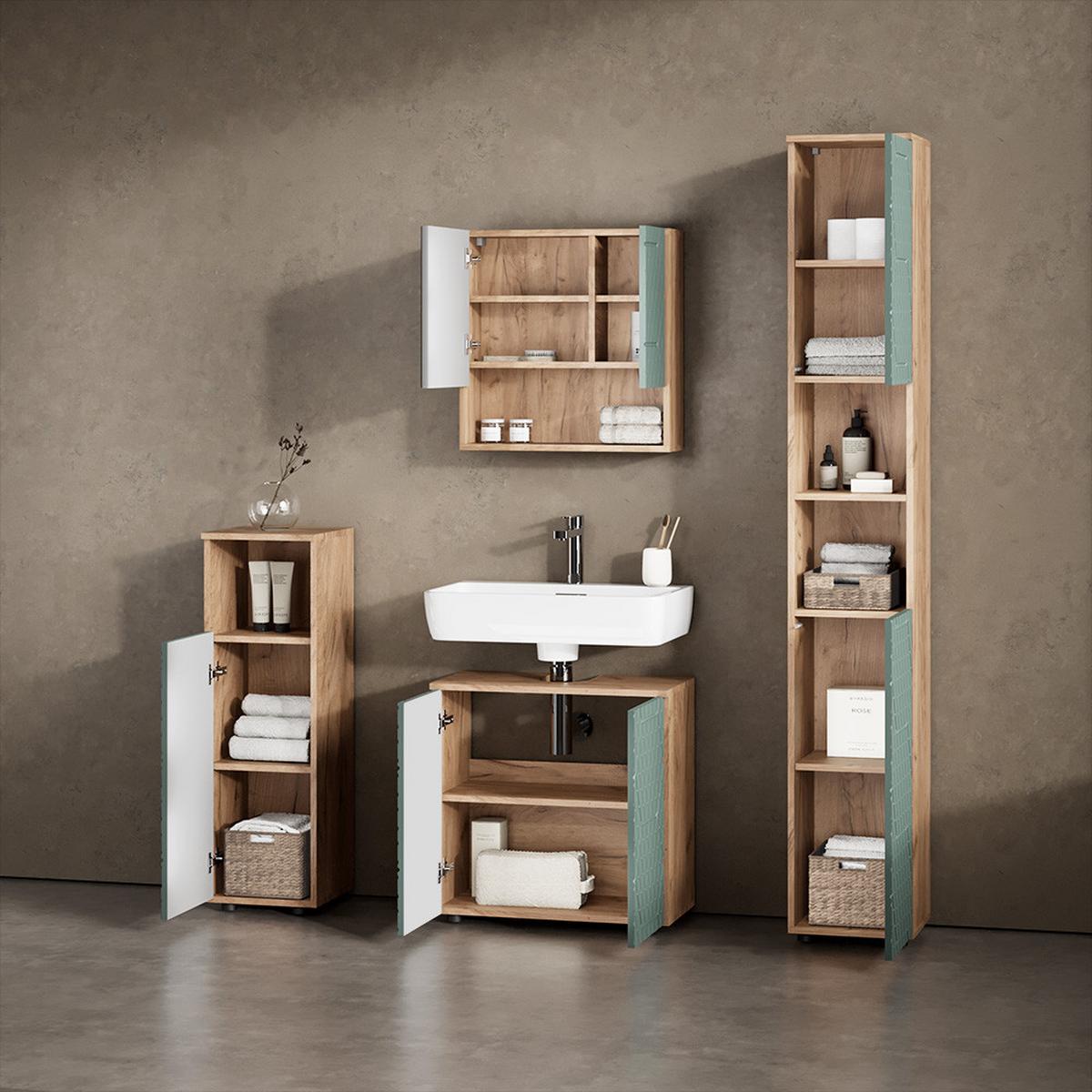 BADMÖBEL-SET Ronco Grün/Goldkraft Eiche 4 Teile, mit Hochschrank - Honigeiche/Grün, Holzwerkstoff (60/59/30cm) - Livinity®