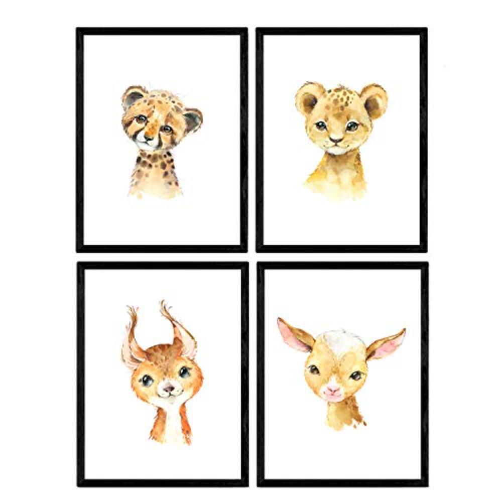 POSTER Set mit 4 Leon Leopard Kuh Hirsch A3 Schwarzer Rahmen - Schwarz, Papier (29.7/3cm) - Nacnic