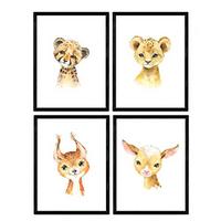 POSTER Set mit 4 Leon Leopard Kuh Hirsch A3 Schwarzer Rahmen - Schwarz, Papier (29.7/3cm) - Nacnic