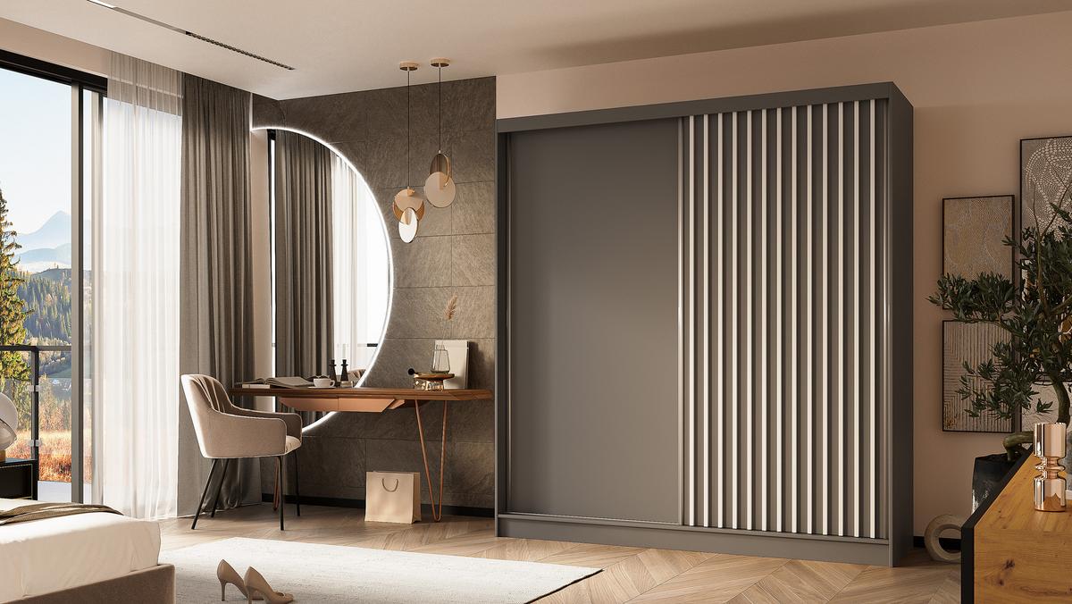 KLEIDERSCHRANK mit furnierten Schiebetüren und Aluminium-Leisten - LABELO - 200 cm Grau+Grau+Weiß - Weiß/Grau, Holzwerkstoff (200/216/61cm) - ALTDECOR