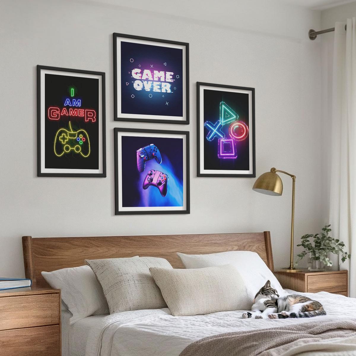 BILDER SET 4er Set - 50x50 cm & 40x60 cm Schwarzer Rahmen - Gamepads, Spielersymbol-Untertitel - Schwarz, Kunststoff (50/50cm) - TULUP