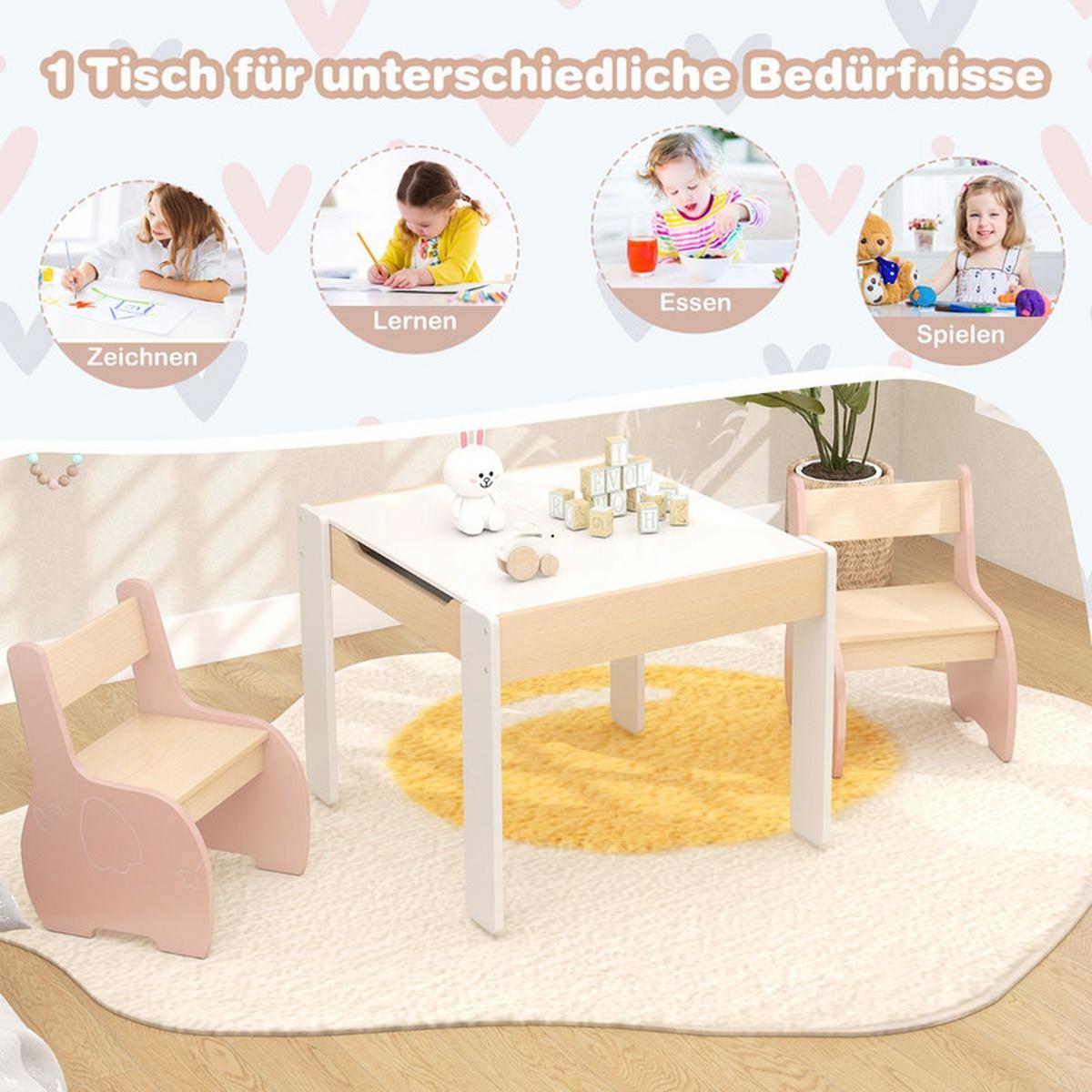 KINDERTISCH mit Stuhl rosa(3-tlg) - Pink, Holzwerkstoff (63.5/48/61.5cm) - COSTWAY