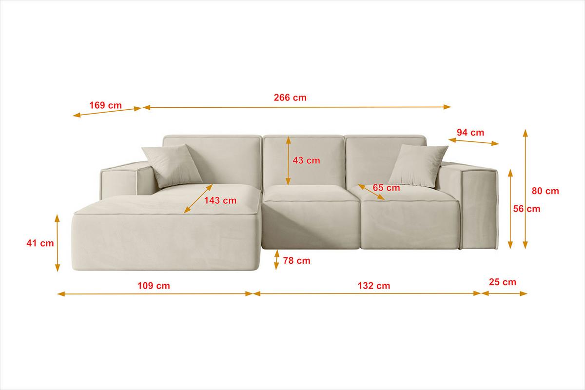 ECKSOFA Ottomane Links SERRA-L - 266x169x80 cm Beige Velours - Beige/Schwarz, Holzwerkstoff/Kunststoff (165/266cm) - ALTDECOR