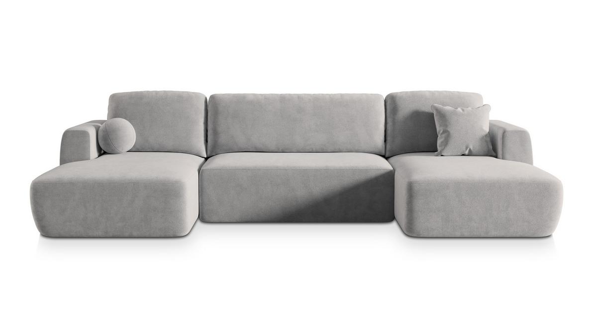 WOHNLANDSCHAFT SENTUM K Hellgrau Plüsch-Stoff mit Schlaffunktion - Hellgrau/Schwarz, Holz/Kunststoff (330/90/148cm) - MASSENO