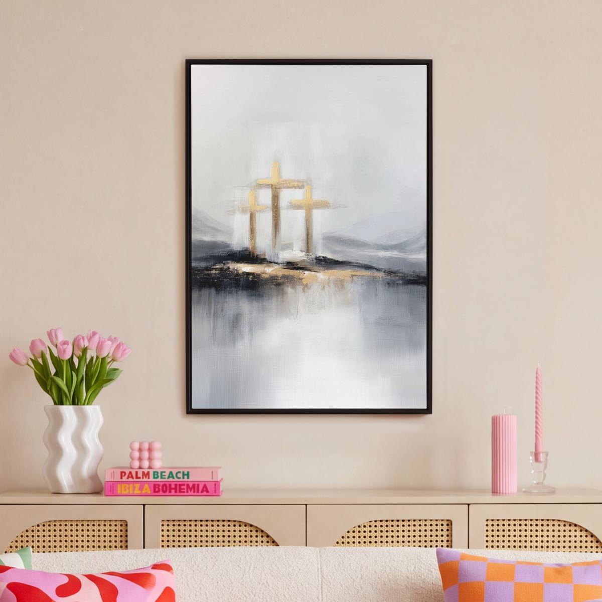 LEINWAND Bilder mit Rahmen - Abstrakt - Malerei - Christentum - Kreuz - 60x90 - Weiß, Textil (60/90cm) - MuchoWow