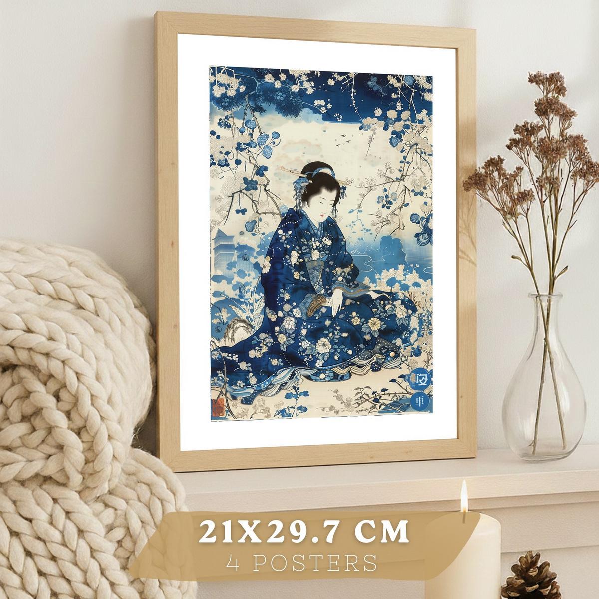 POSTER 4er Bilder-Set Wandbilder Japanisch modern Wohnzimmer Deko, Schlafzimmer, Küche, Badezimmer Leichter Holzrahmen A3 - Beige, Papier (29.7/1/42cm) - Nacnic