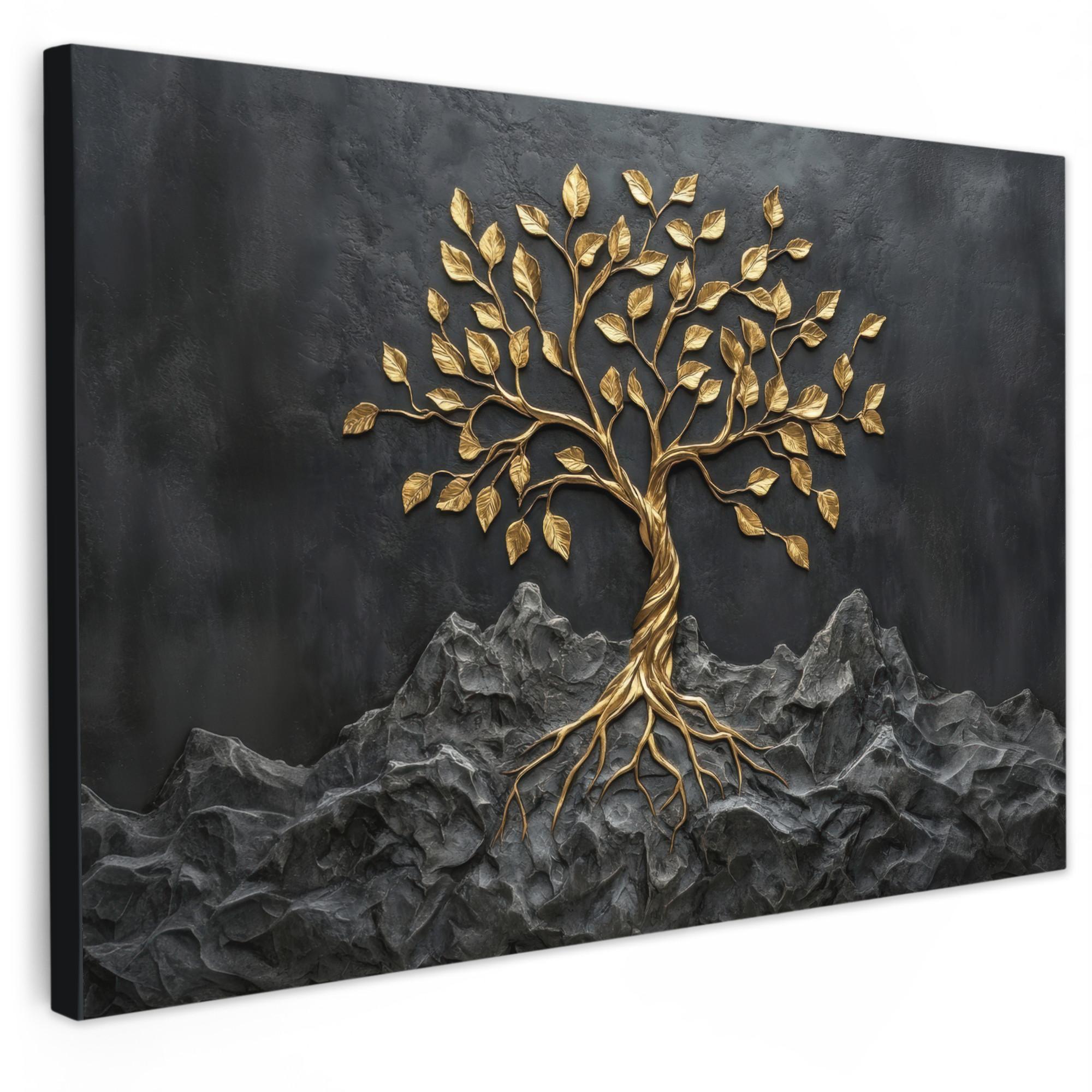 LEINWANDBILD Blätter - Gold - Baum - Fels Groß 140x90 cm - Schwarz, Textil (140/90cm) - MuchoWow