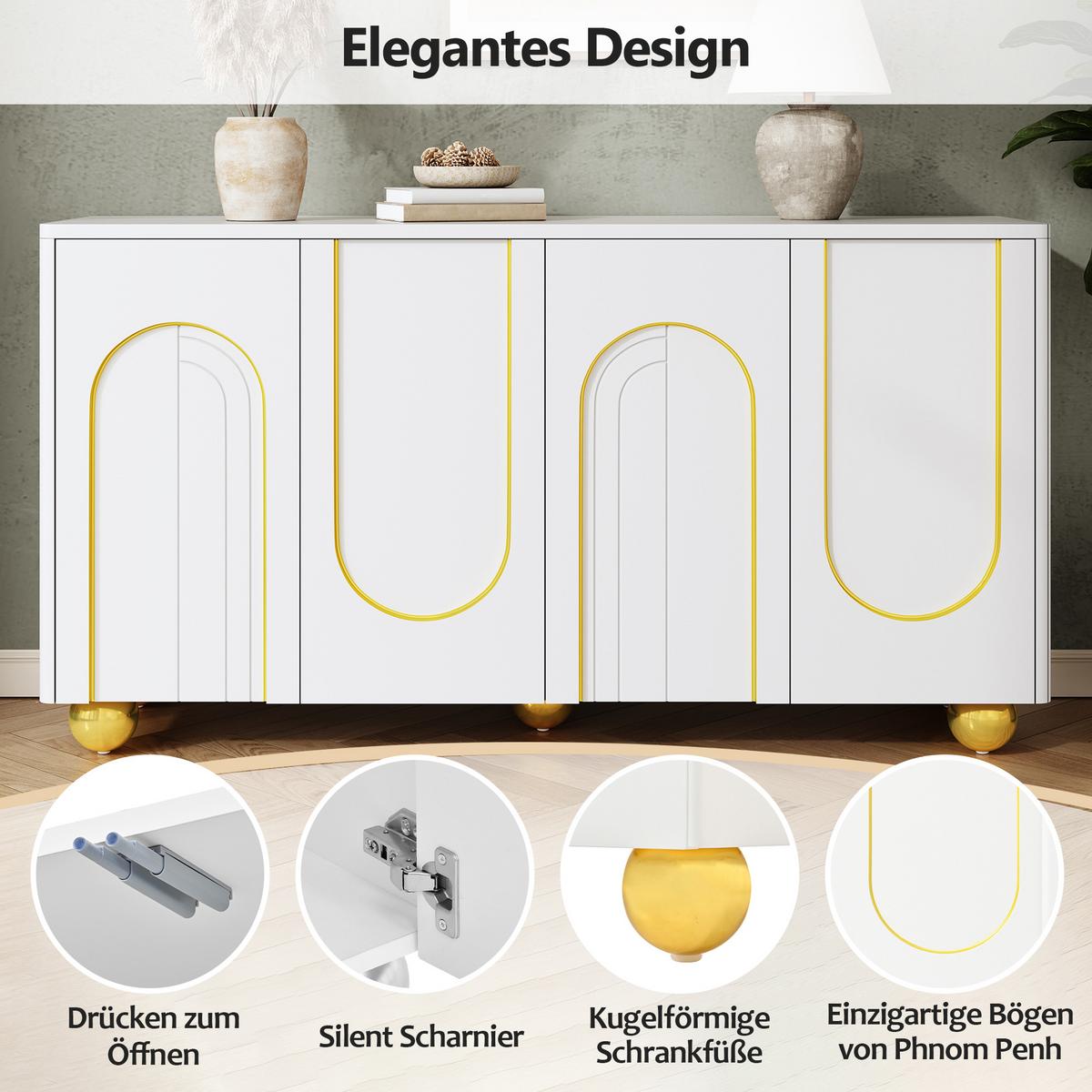 SIDEBOARD Weiß 140cm mit 4 Türen Gold-Bogen-Dekor & Kugelfüßen - Weiß, Holzwerkstoff (140/74/40cm) - Urban Meuble