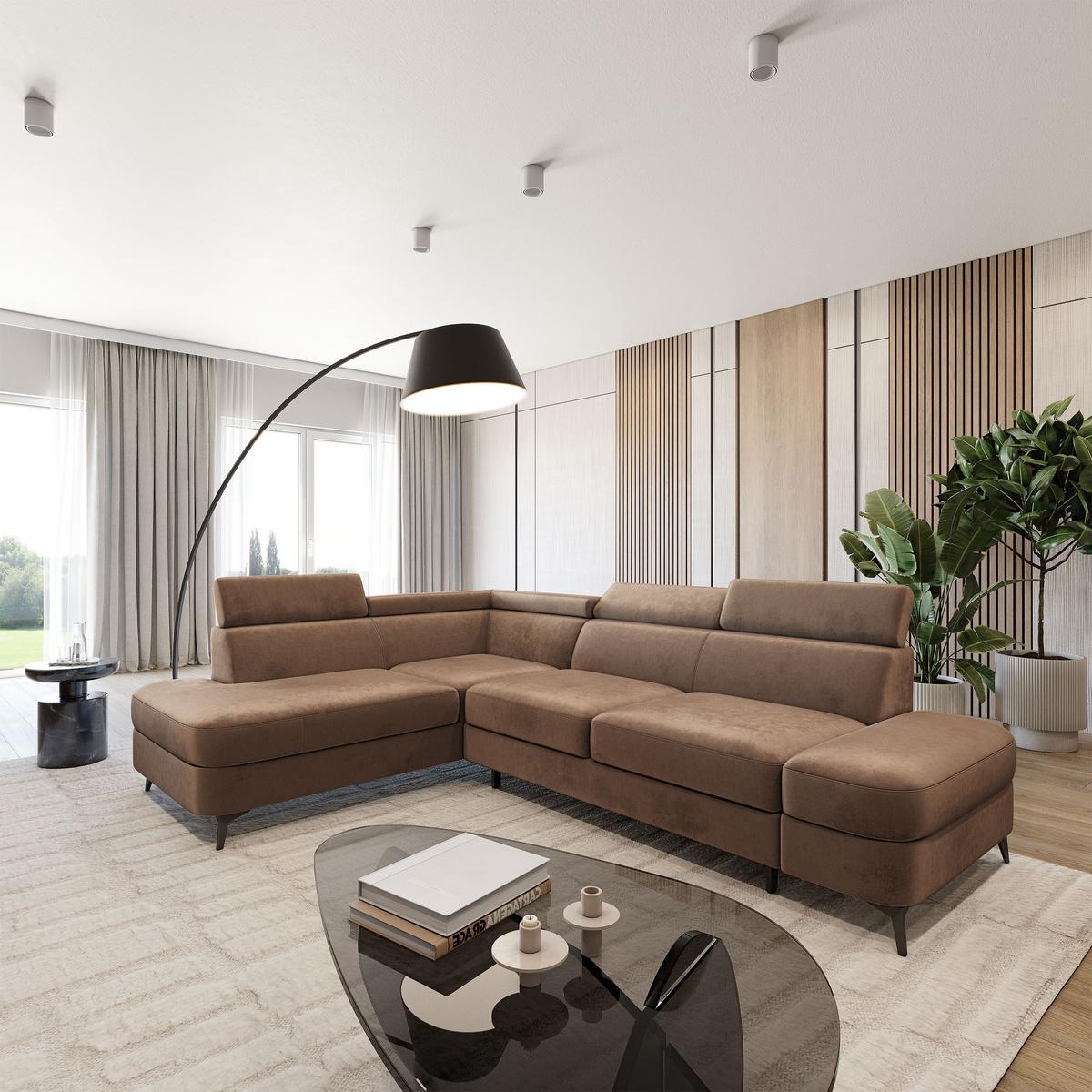ECKSOFA AVISE M L-S Beige Velours-Stoff mit Schlaffunktion - Beige, Holzwerkstoff/Textil (268/195cm) - MASSENO