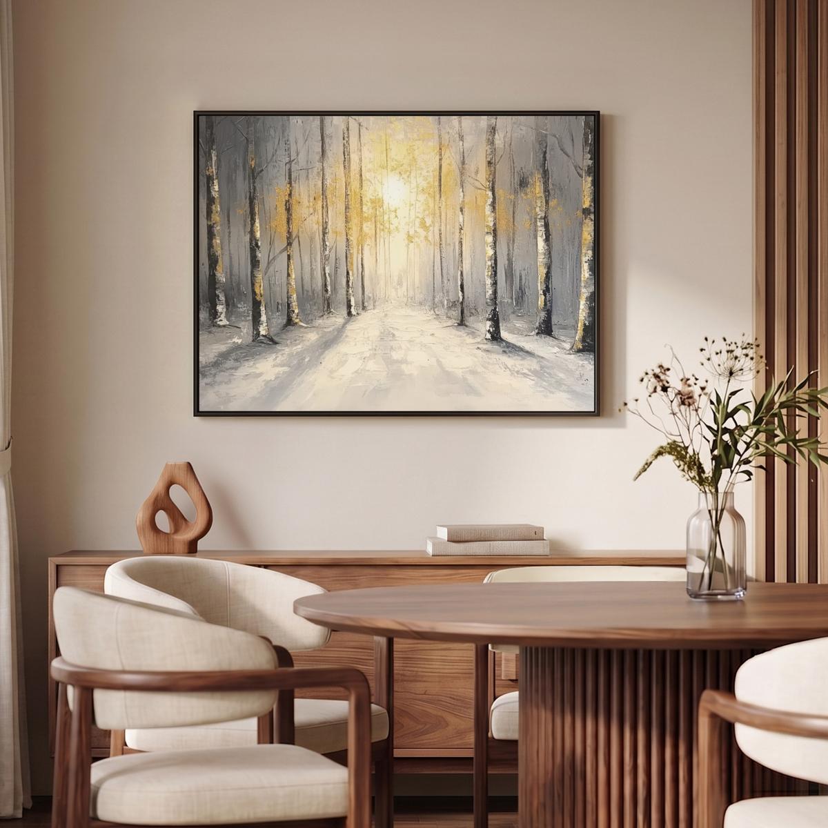 LEINWAND Bilder mit Rahmen - Winter - Abstrakt - Schnee - Natur - Sonne - 100x70 - Grau, Textil (100/70cm) - MuchoWow