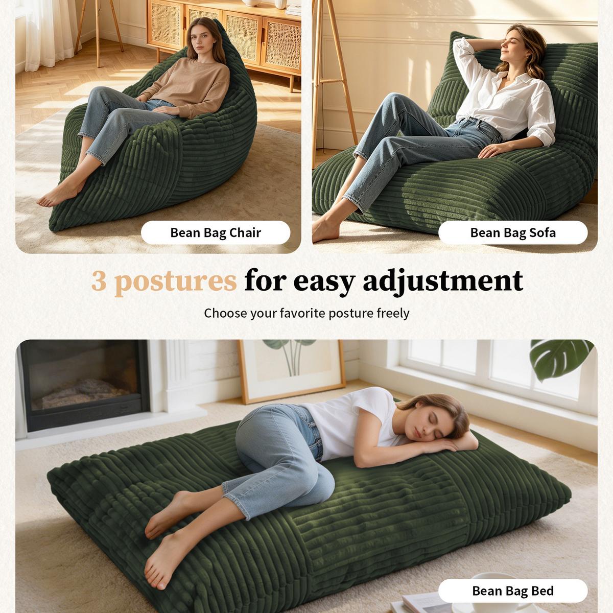 SITZSACK XXL 3-IN-1 aus Kordsamt als Sessel, Sofa und Bett - Grün, Textil (180/25/125cm) - Urban Meuble