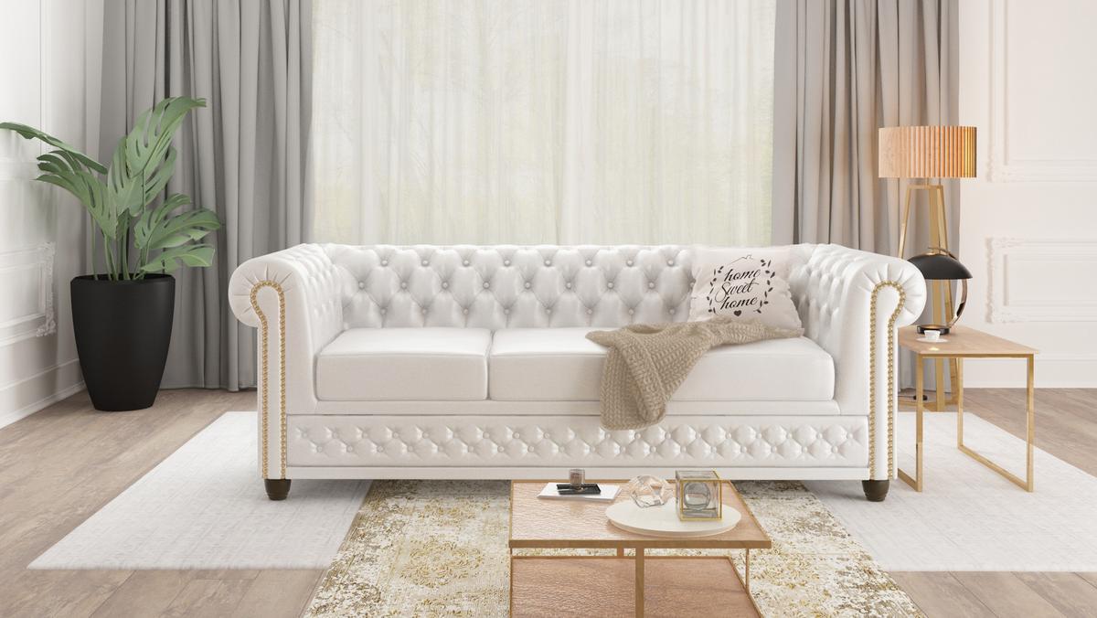 CHESTERFIELD-SOFA 3-sitzer mit Schlaffunktion Morin Weiß vegan Leder - Weiß/Braun, Holz/Textil (203/72/86cm) - S-Style Möbel