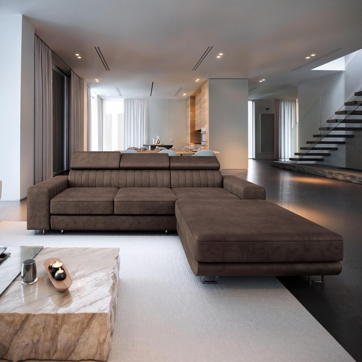 ECKSOFA NOTO R-S Braun Velours-Stoff mit Schlaffunktion - Silberfarben/Braun, Holz/Textil (267/190cm) - MASSENO