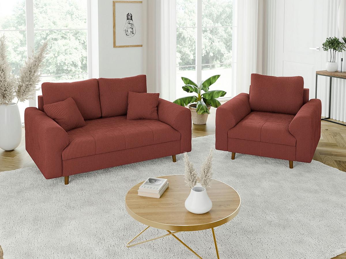 SITZGARNITUR 3+2+1 Alma Terrakotta Cord - Terracotta/Schwarz, Holz/Textil (210/81/93cm) - S-Style Möbel