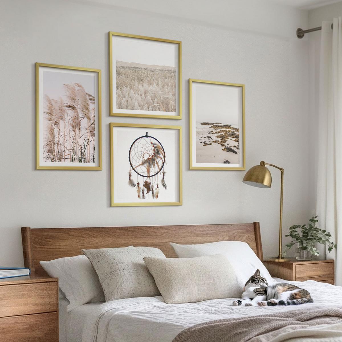 BILDER SET 4er Set - 50x50 cm & 40x60 cm Goldrahmen - Wiesen, Strand, Boho-Stil - Goldfarben, Kunststoff (50/50cm) - TULUP