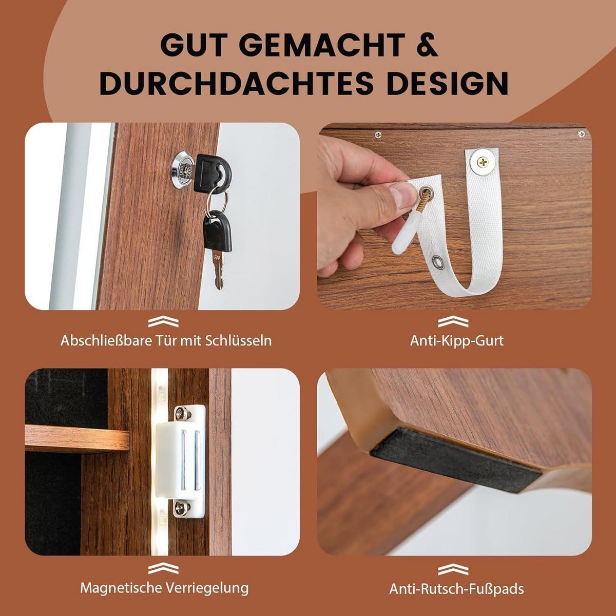 SCHMUCKSCHRANK 151cm Walnuss - Walnussfarben, Holz (41/151/38cm) - COSTWAY