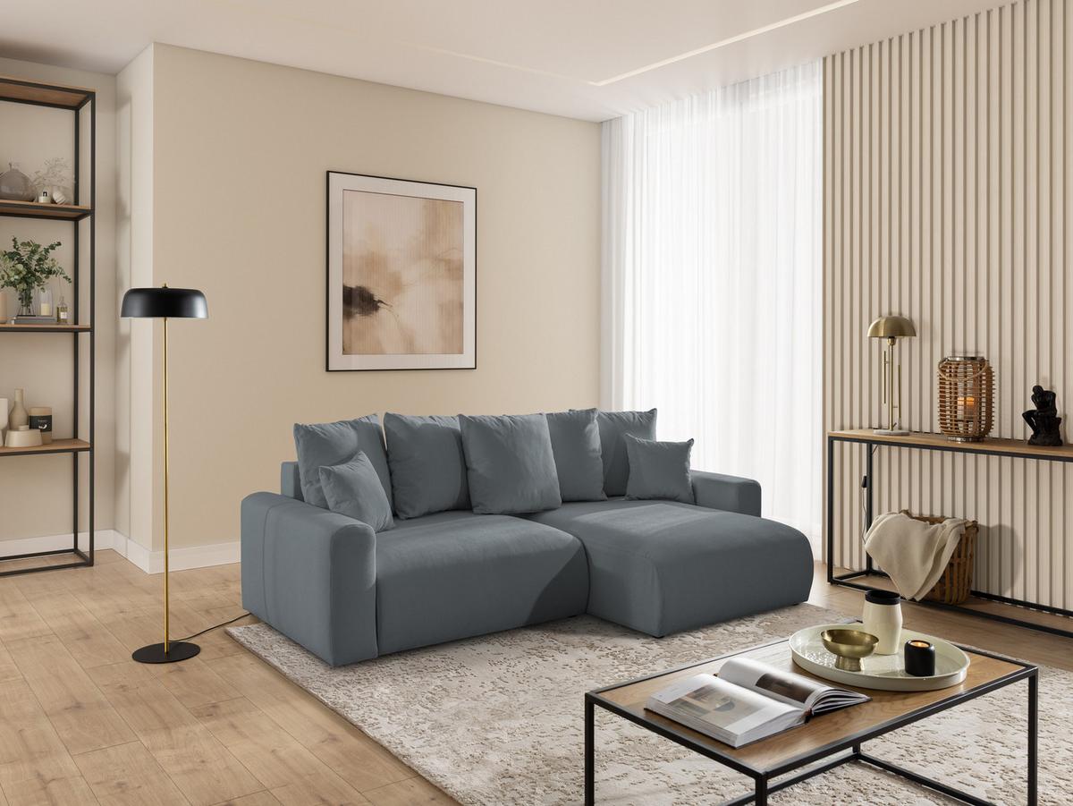 ECKSOFA Calma mit Schlaffunktion und Bettkasten im Bumpy-Design aus weichem Dunkelgrau Webstoff - Ottomane rechts - Dunkelgrau/Schwarz, Holz/Kunststoff (140/239cm) - S-Style