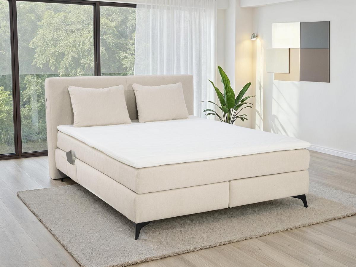 BOXSPRINGBETT 160x200 cm, 7-Zonen-Tonnentaschen-Federkernmatratzen H3, Topper, Bonell-Federkern, Beleuchtung, USB-Ladeports, Chenille Beige / 20013 - Beige/Schwarz, Textil/Metall (160/200cm) - luma-home