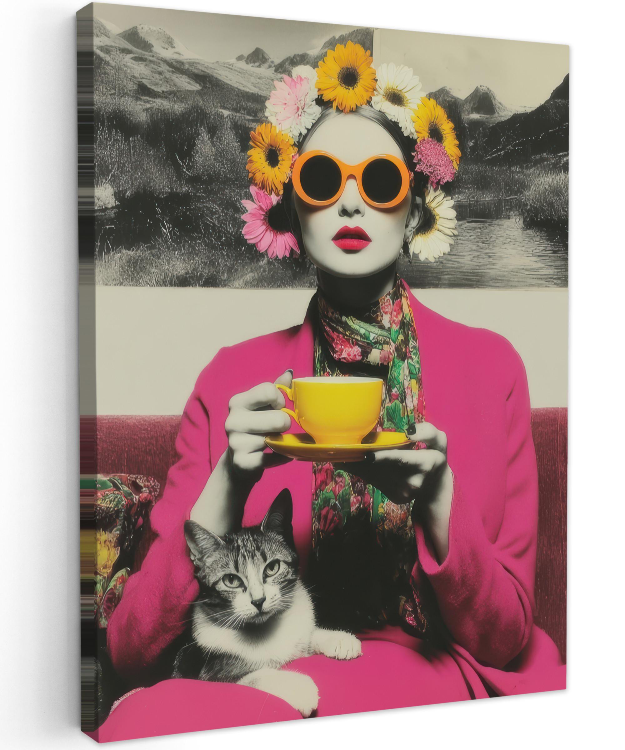 LEINWANDBILD Frau - Katze - Blumen - Tasse - Retro Wandbild Wohnzimmer 60x80 cm - Magenta, Textil (60/80cm) - MuchoWow