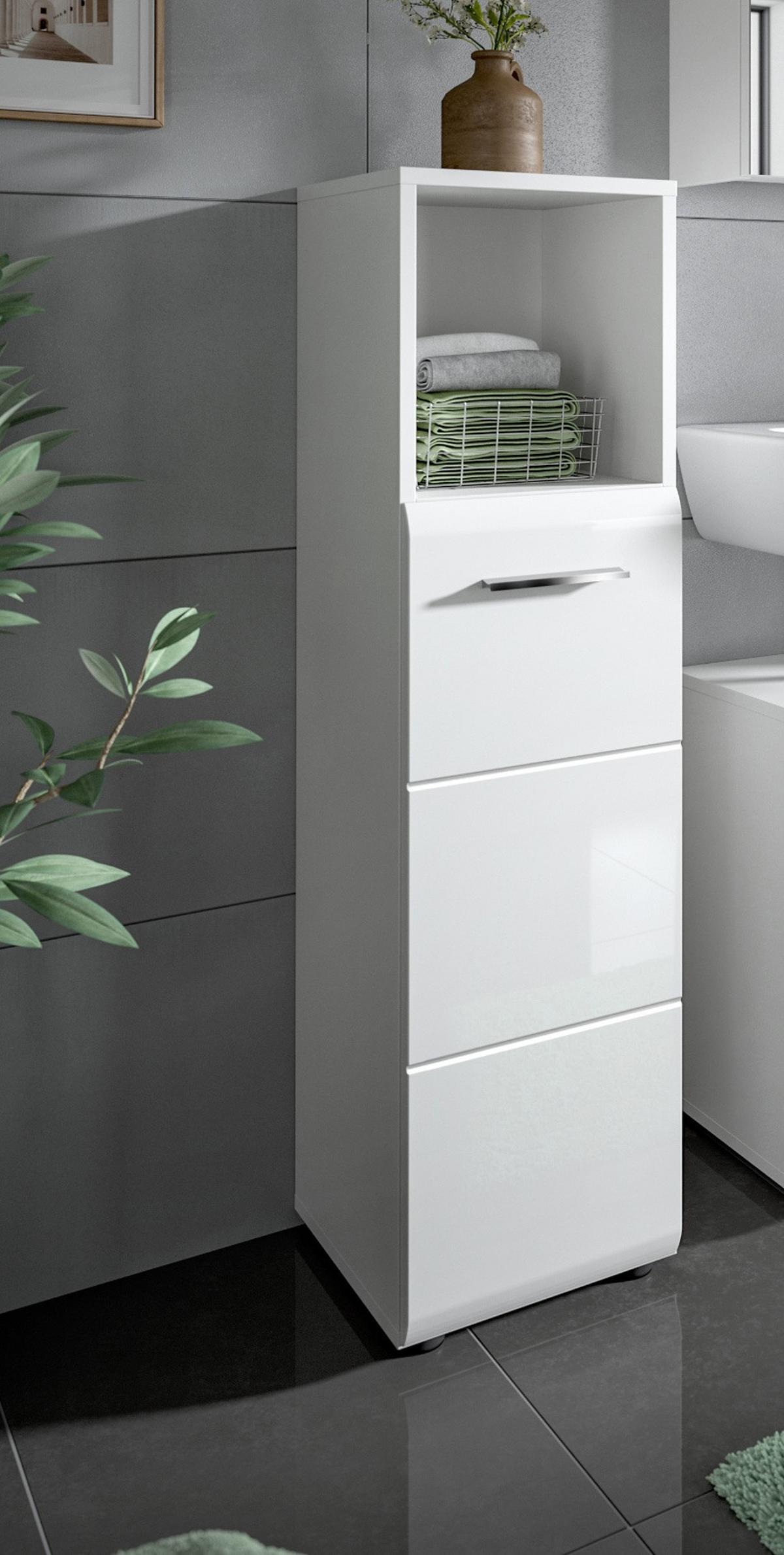BADKOMMODE weiß Hochglanz, Badezimmer Kommode 30 x 110 cm - Weiß Hochglanz/Silberfarben, Holzwerkstoff/Kunststoff (30/110/30cm) - Inn.Furn