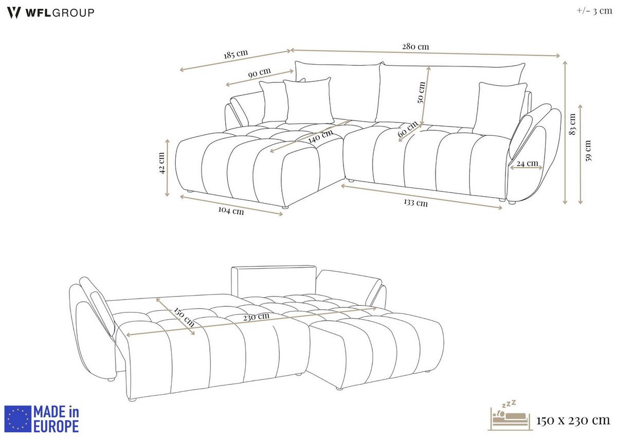 ECKSOFA Iris mit Schlaffunktion und Bettkasten, links oder rechts montierbar – Olivgrün Samt 280/184/85 cm - Schwarz/Olivgrün, Kunststoff/Textil (280/184cm) - WFL GROUP