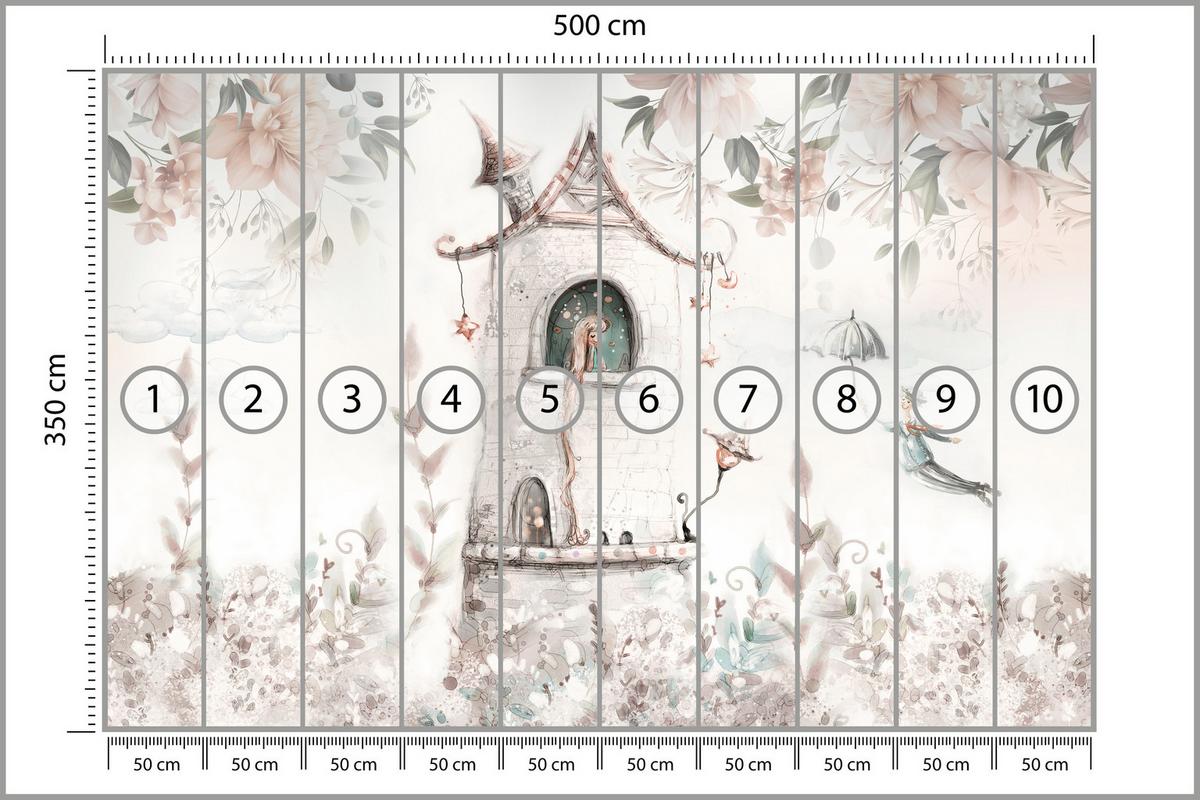 FOTOTAPETE für Kinderzimmer Prinzessin Turm Blumen Pflanzen 500x350 - Multicolor, Papier (500/350cm) - Muralo