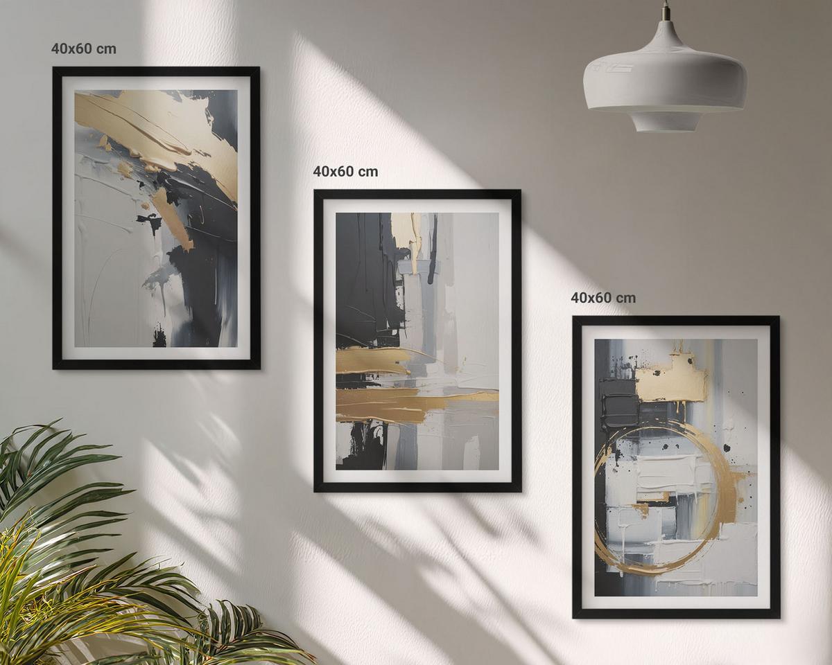 BILDER SET 3er Set - 40x60 cm Schwarzer Rahmen - Abstrakte Schwarz-Weiß-Malerei - Schwarz, Kunststoff (40/60cm) - TULUP