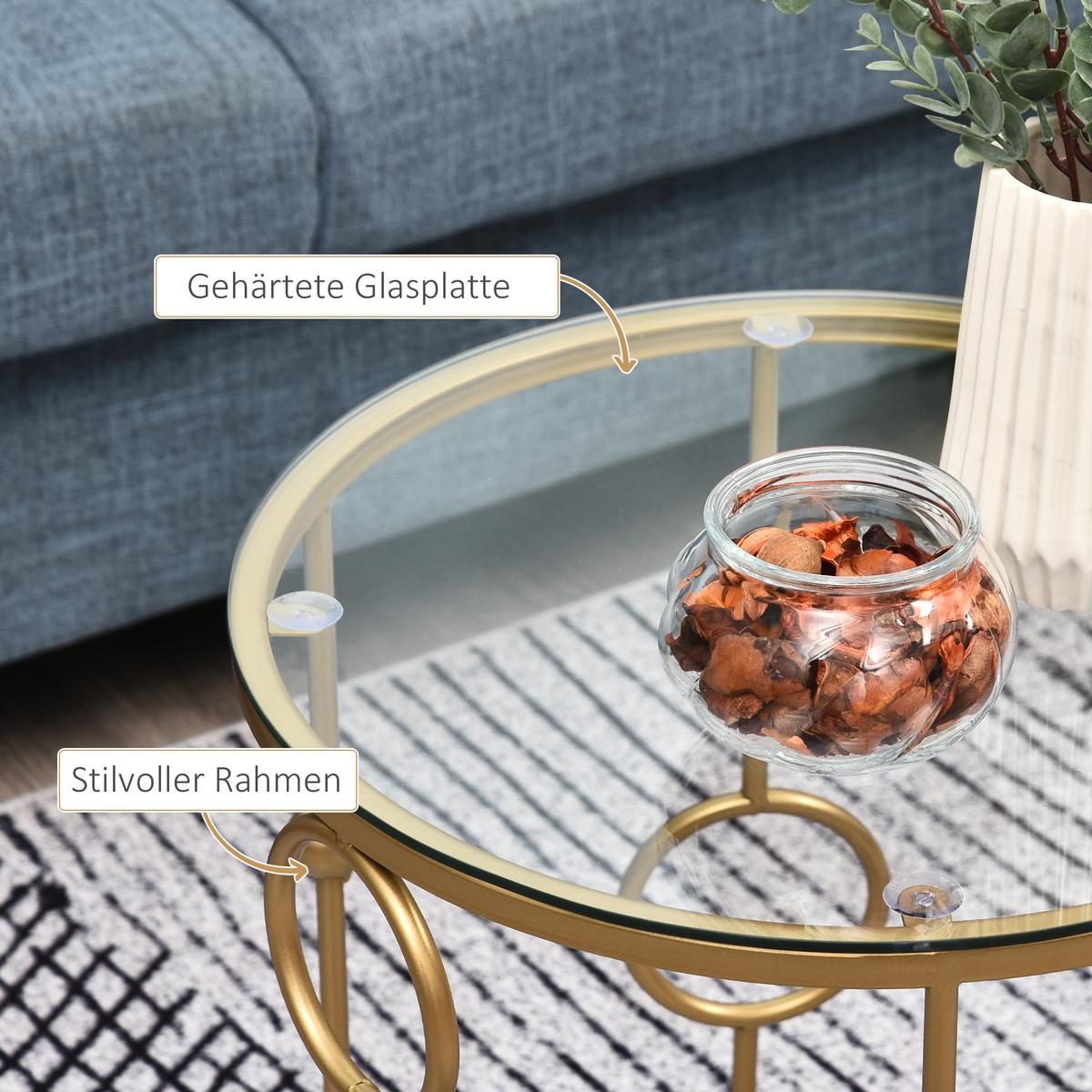 2ER-SET Couchtisch, Beistelltisch mit Glasplatte, Wohnzimmertisch Sofatisch - Goldfarben, Glas (41/41/57cm) - HOMCOM