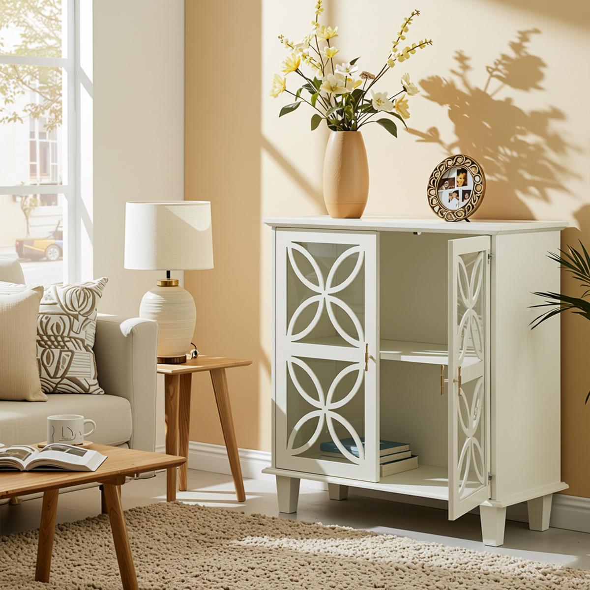 SIDEBOARD 80 cm Creme MDF & Glas mit 2 Glastüren und verstellbaren Regalen - Beige/Creme, Holzwerkstoff (80/87/38cm) - Urban Meuble