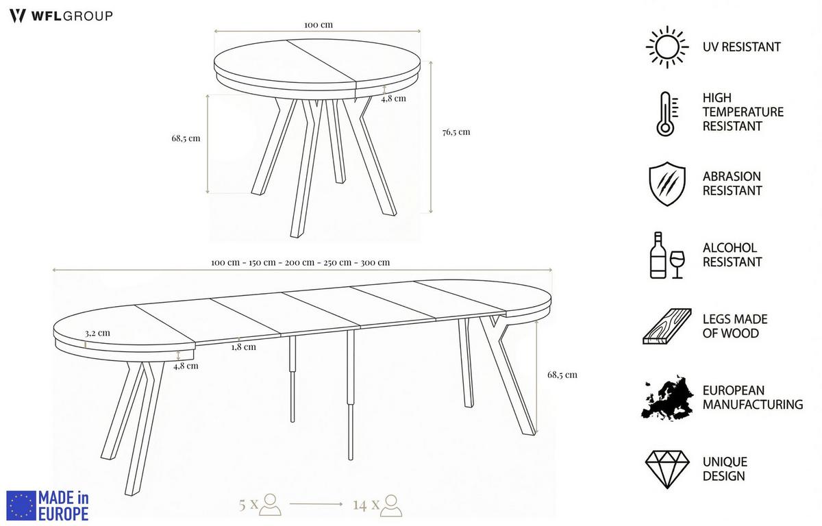 ESSTISCH Vero Neo rund ausziehbar verlängerbar, Eiche Artisan Hellbraun 100-300/100/77 cm - Schwarz/Eiche Artisan, Holz/Holzwerkstoff (100/300/77cm) - WFL GROUP
