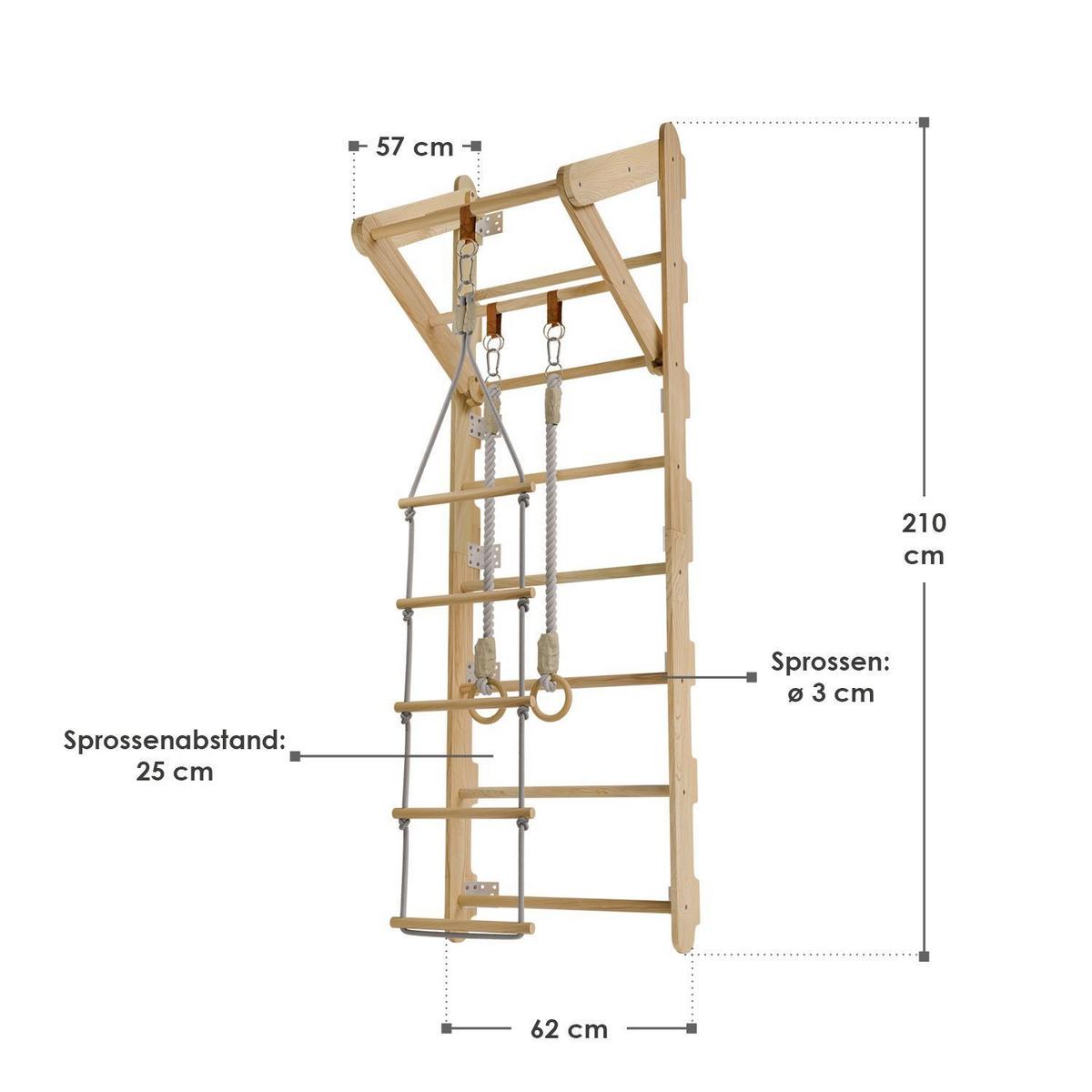 SPROSSENWAND für Kinder mit Turnringen - Naturfarben, Holz (62/57cm) - Juskys
