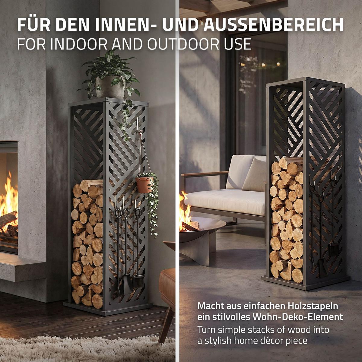 KAMINHOLZREGAL Innen Außen Brennholzregal 37,5x37,5x112 cm Stahl Verzinkt Anthrazit Streifen-Motiv - Anthrazit, Metall (37.5/112/37.5cm) - ML-DESIGN