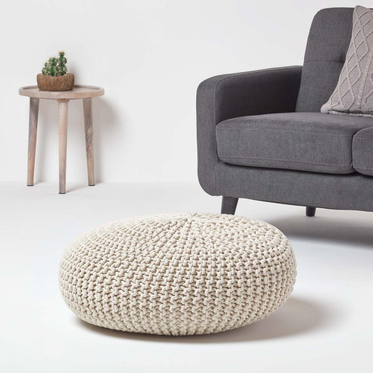 STRICK-POUF natur, Bodenkissen rund 70/70/23 cm - Naturfarben, Textil (70/23/70cm) - Homescapes
