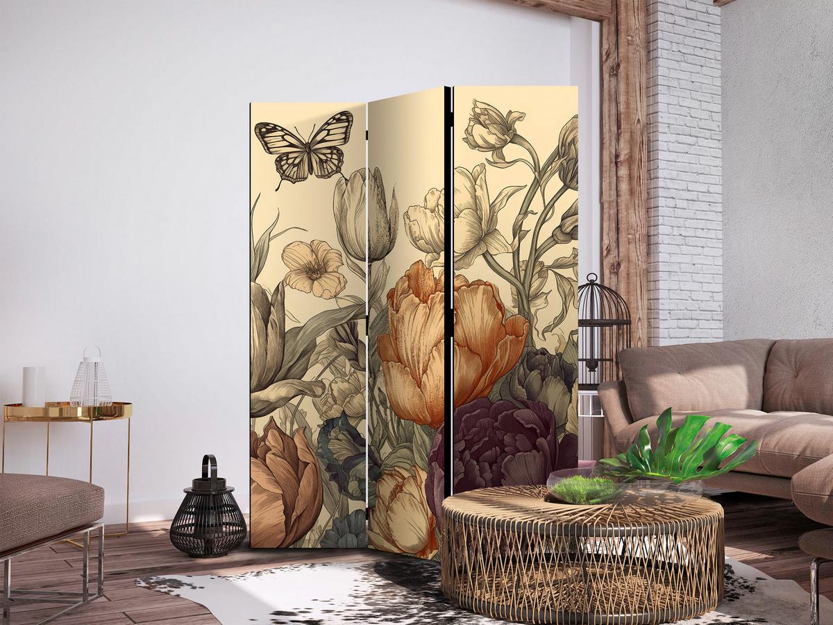 PARAVENT Akustik 3-tlg 135x172 cm Tulpen im Retro - Multicolor, Holz/Textil (135/172/3cm) - Muralo