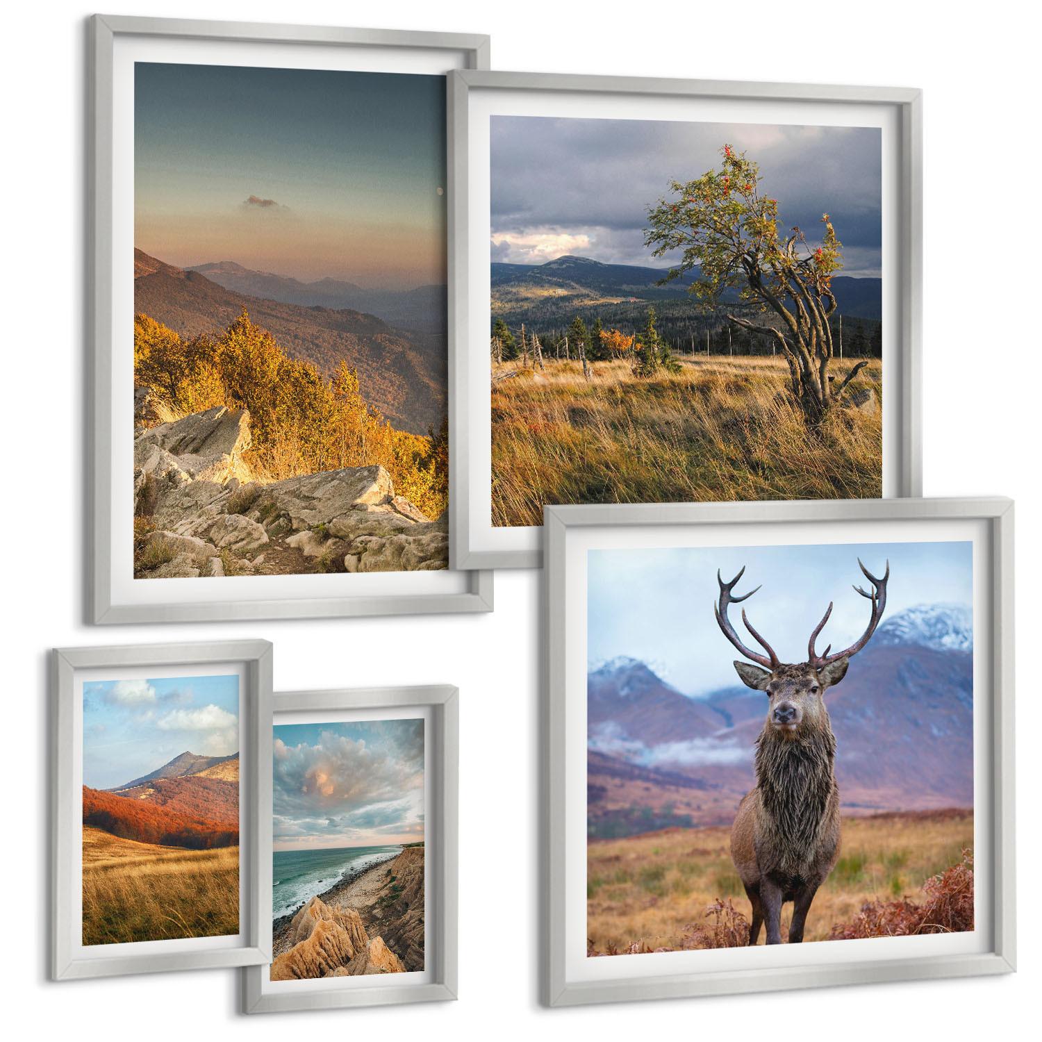BILDER SET 5er Set - 50x50 cm & 20x30 cm & 40x60 cm Silberner Rahmen - Berglandschaften, Hirschgras - Silberfarben, Kunststoff (40/60cm) - TULUP