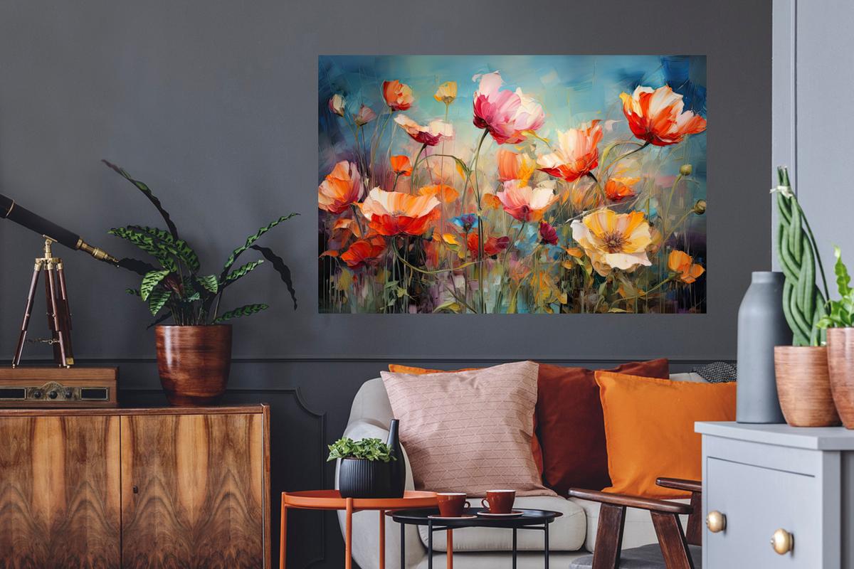 WANDTATTOO Blumen - Aquarell - Kunst - Botanisch - Natur Wandsticker 120x80 cm - Orange, Kunststoff (120/80/0.1cm) - MuchoWow