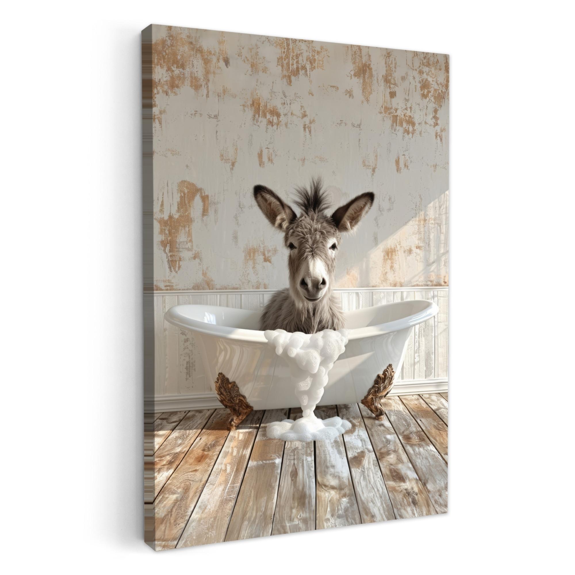 LEINWANDBILD Esel - Tiere - Badewanne - Schaumstoff Deko Wohnzimmer 20x30 cm - Weiß, Textil (20/30cm) - MuchoWow